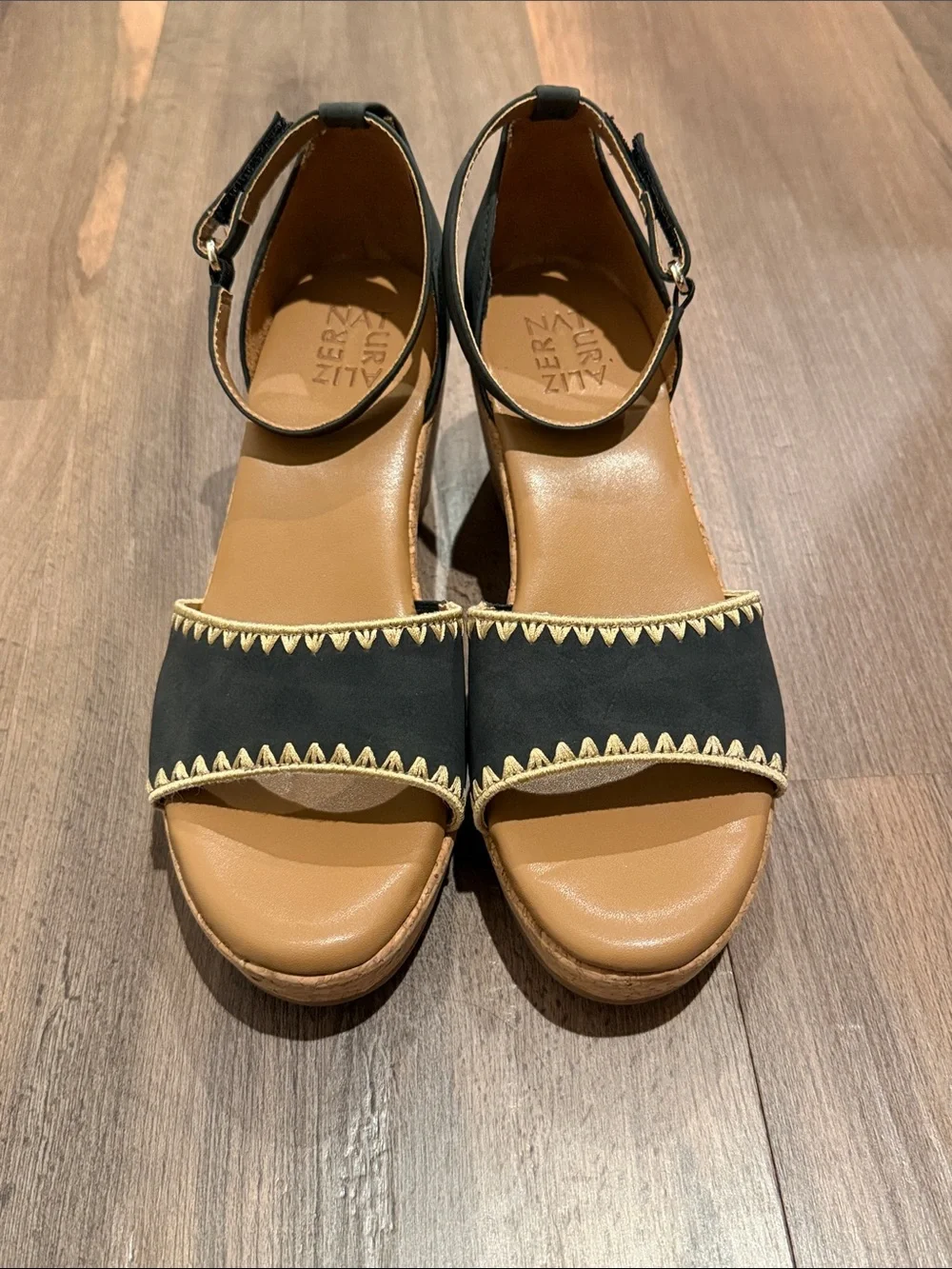 Naturalizer Black Ankle-Strap Cork Wedge Sandals